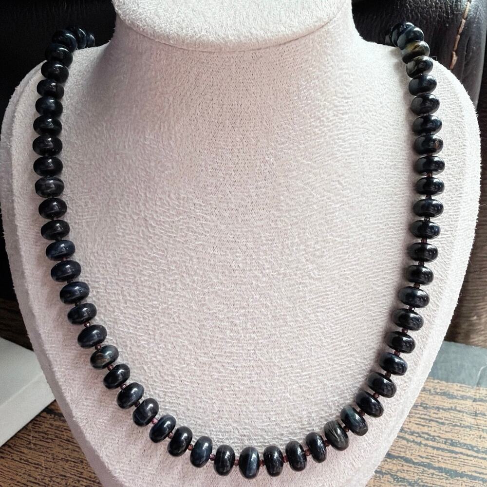 21.5" Beaded Gemstone Necklace, Hawk's Eye & Garnet, Blue, Silver Clasp